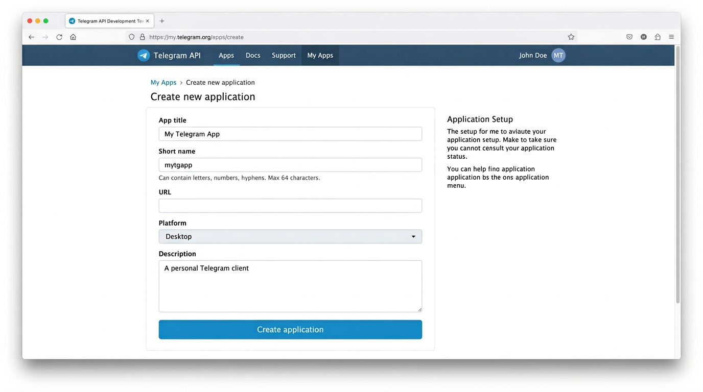 Telegram API创建新应用表单