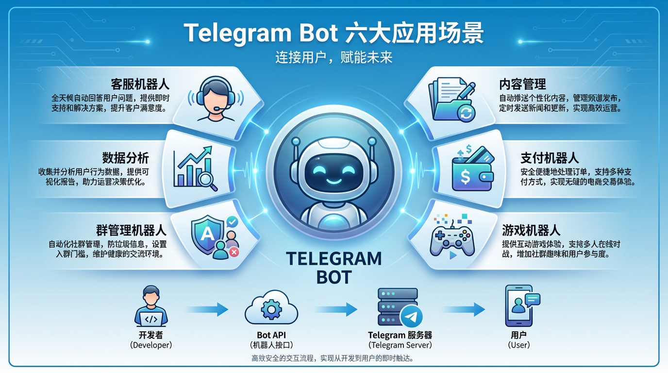 Telegram 机器人(Bot)创建与使用完整教程:从零搭建你的自动化助手(2026版) 1 Telegram Bot 六大应用场景:客服机器人、内容管理、支付、游戏、群管理、数据分析