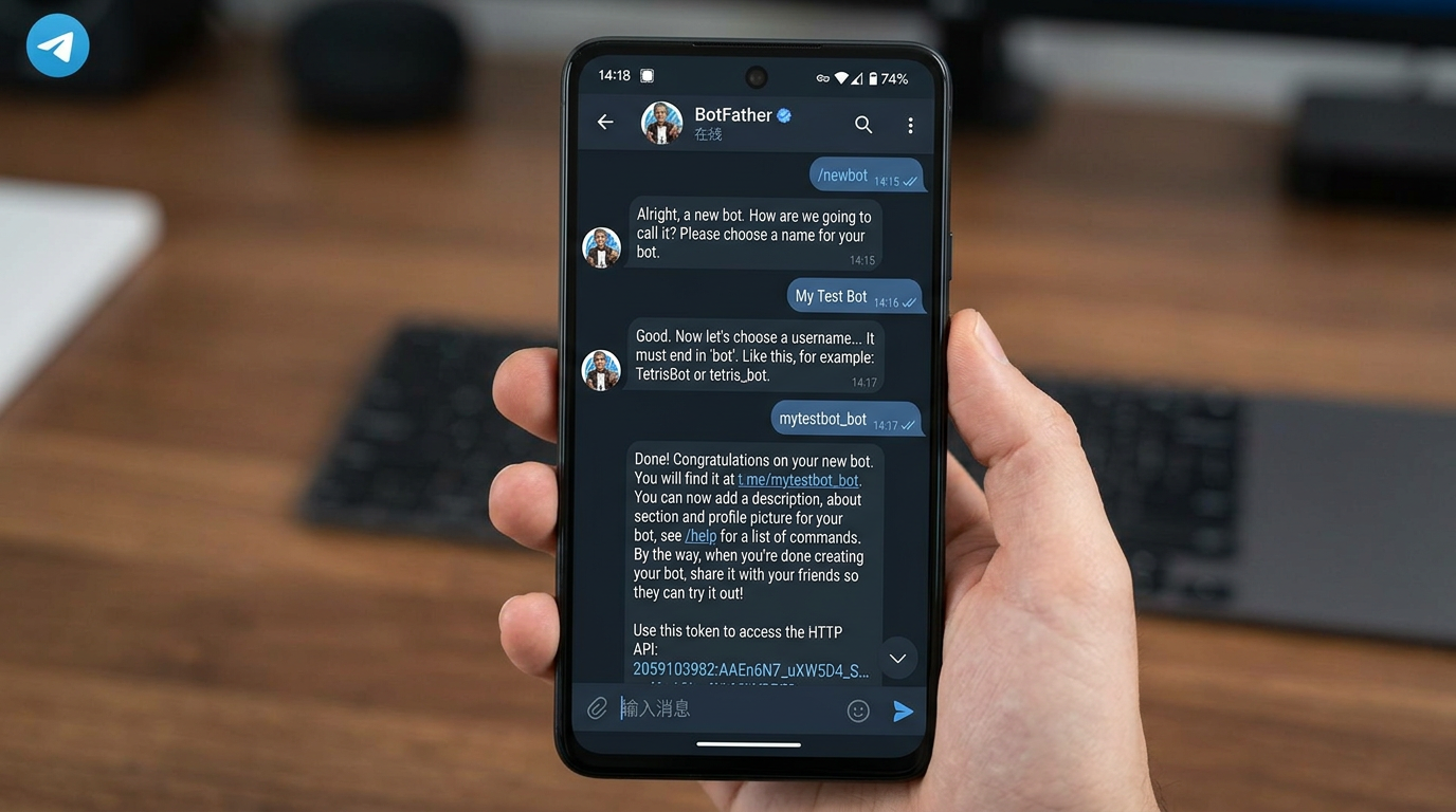 Telegram 机器人(Bot)创建与使用完整教程:从零搭建你的自动化助手(2026版) 2 BotFather 创建机器人对话界面:发送 /newbot → 设置名称 → 设置用户名 → 获取 Token