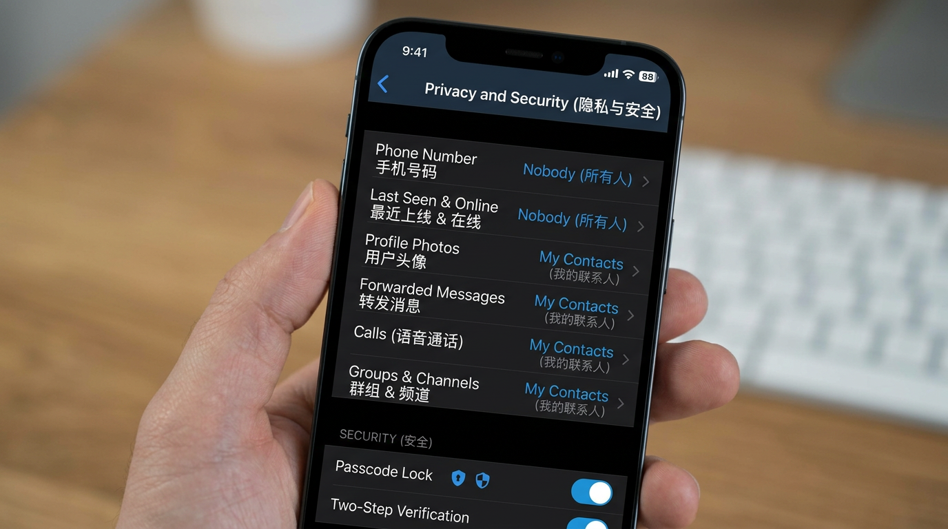 Telegram 隐私与安全设置页面：手机号码、在线状态、头像、转发消息等隐私选项