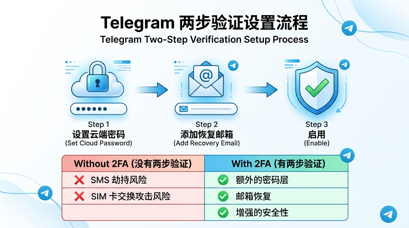 Telegram 两步验证设置流程：设置云端密码 → 添加恢复邮箱 → 启用完成