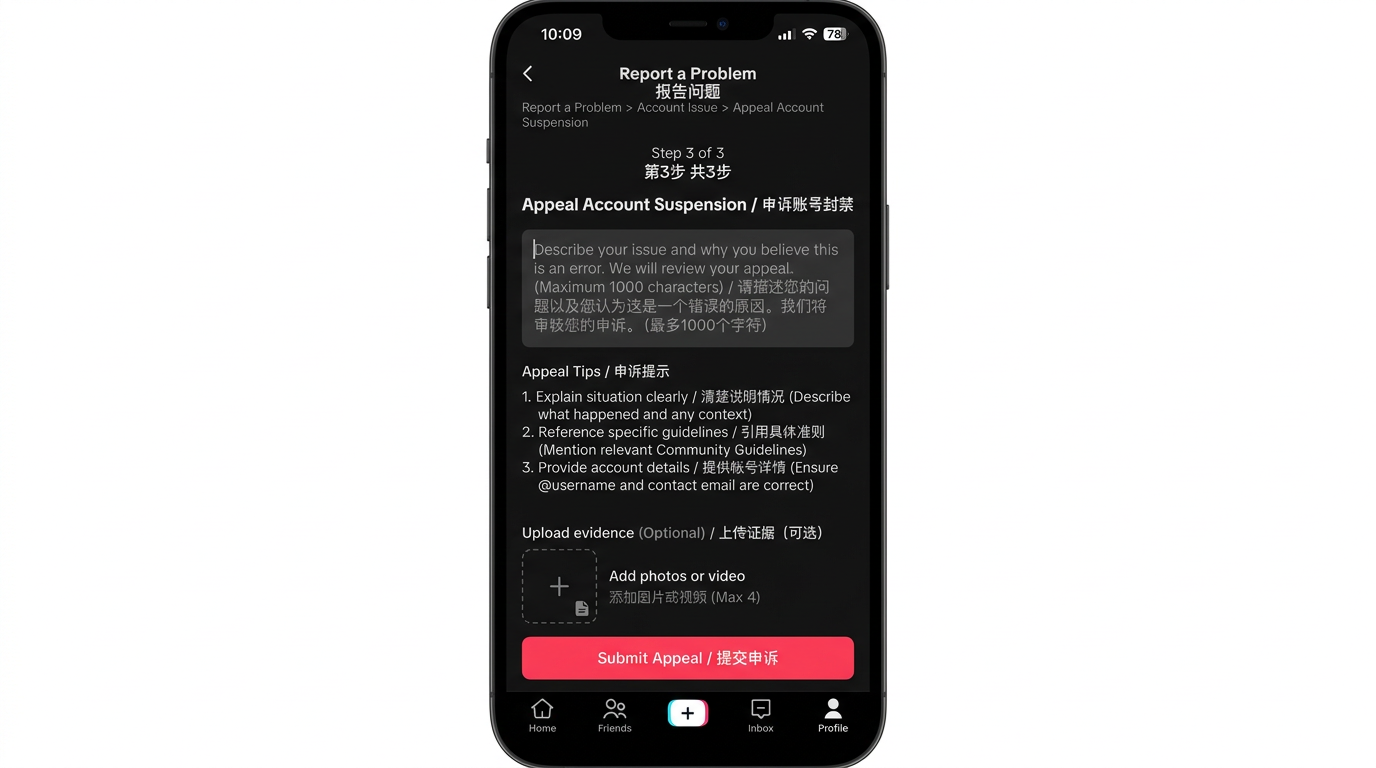 TikTok 账号申诉表单填写界面操作指南