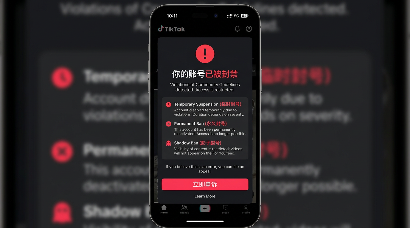 TikTok 账号封号类型示意图：临时封号、永久封号、影子封号说明