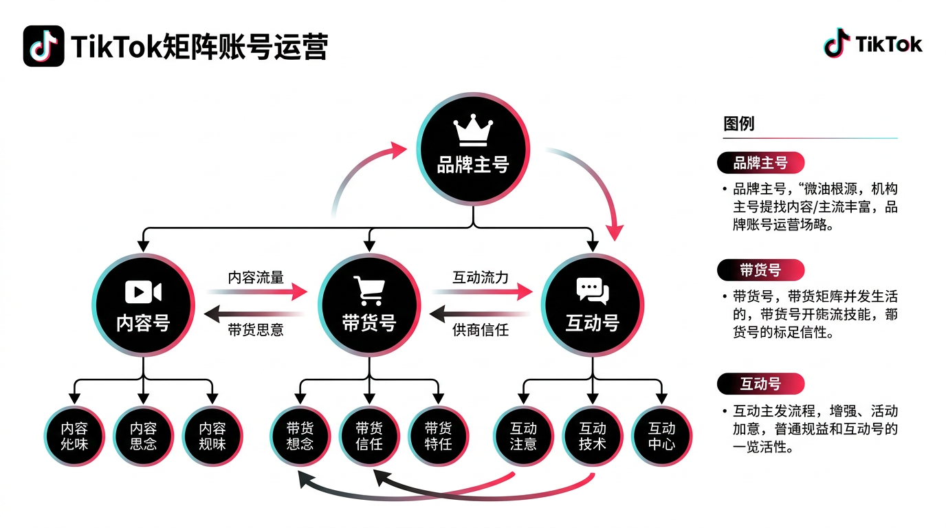 TikTok 矩阵账号运营结构图：品牌主号、内容号、带货号、互动号分层示意