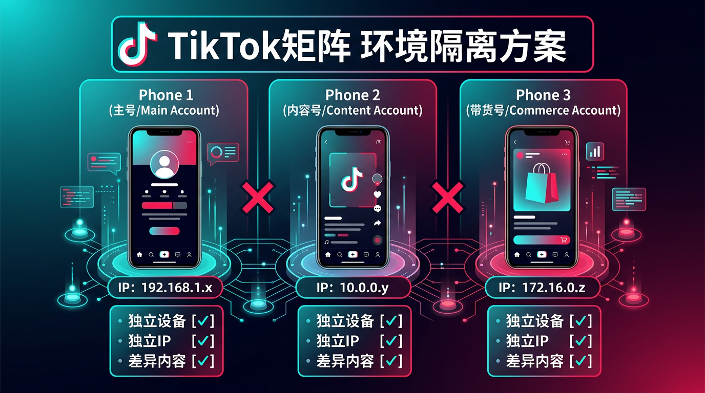 TikTok 矩阵账号环境隔离方案：独立设备、独立IP、差异内容