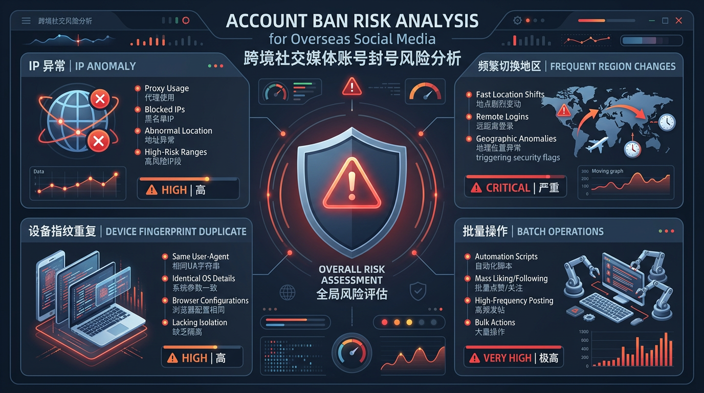 海外账号频繁被封?2026年封号原因深度分析及OKKProxy动态住宅IP解决方案 1 海外账号封号风险分析仪表盘