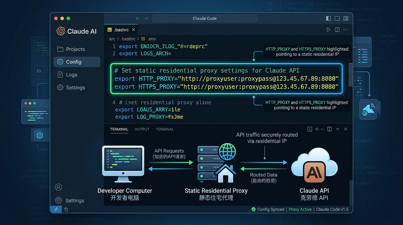Claude Code 开发者必看:如何用静态住宅IP规避API封号(2026实操指南) 1 Claude Code 静态住宅IP代理配置示意图