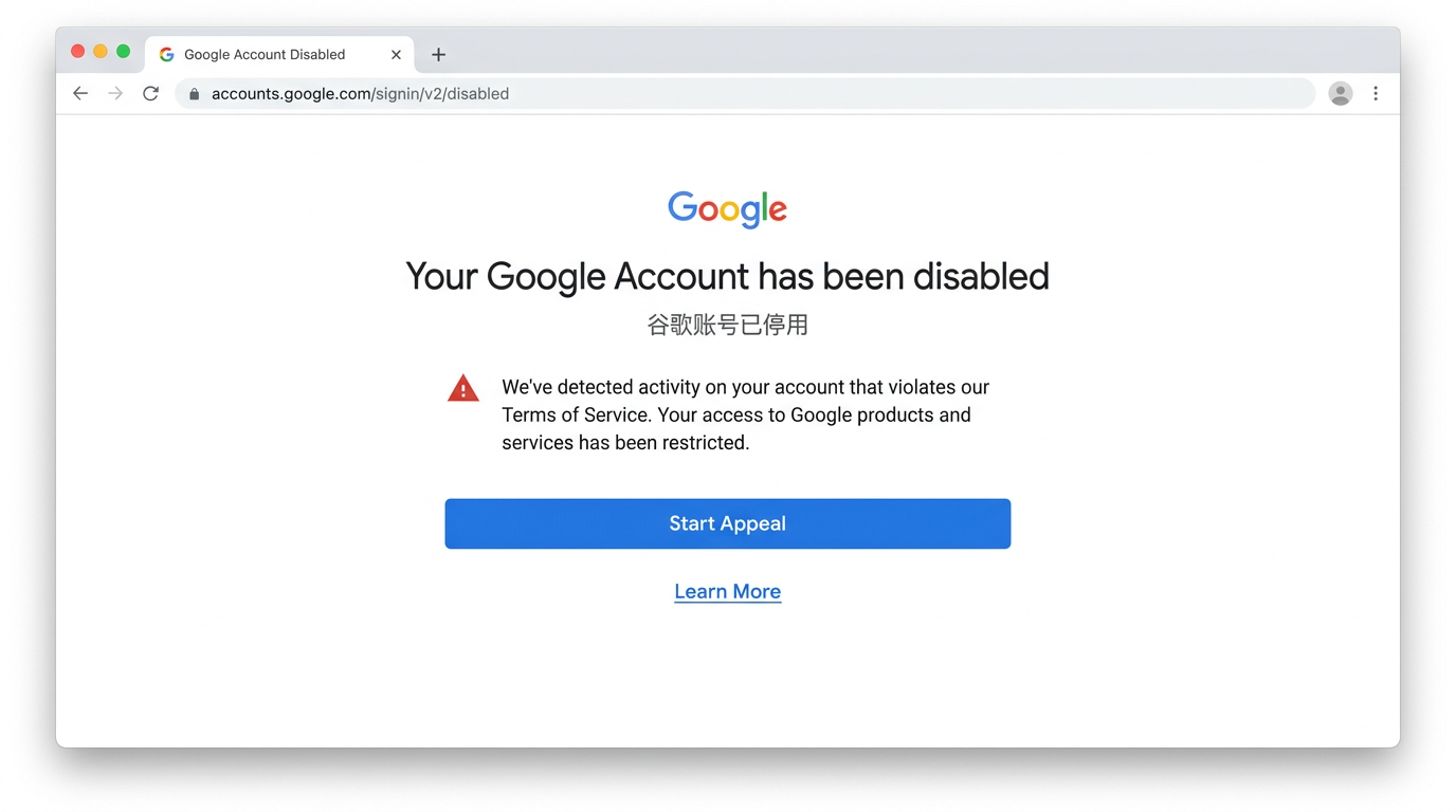 Google 账号已停用页面示意