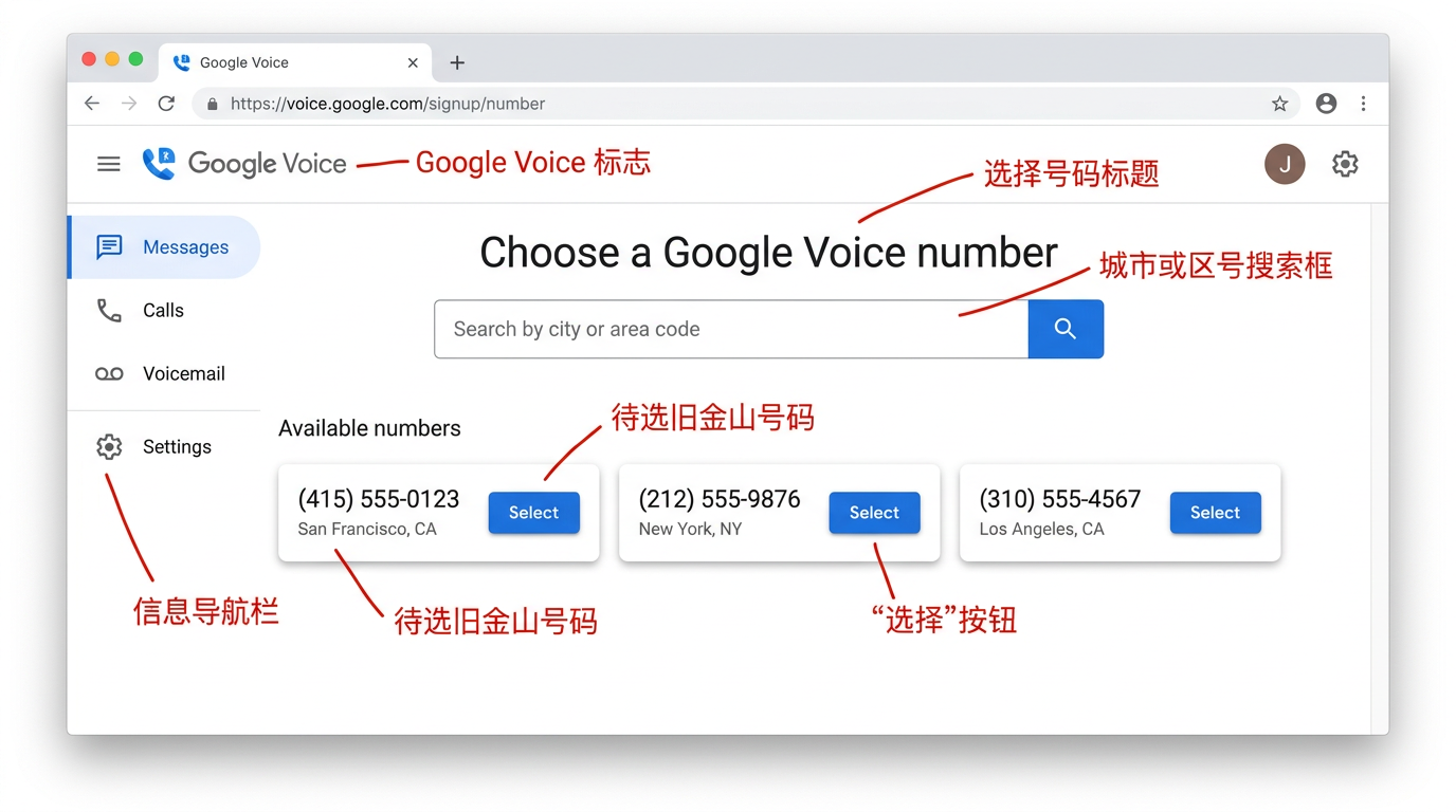 Google Voice 号码选择页面：通过城市或区号搜索可用的美国号码，点击 Select 选择
