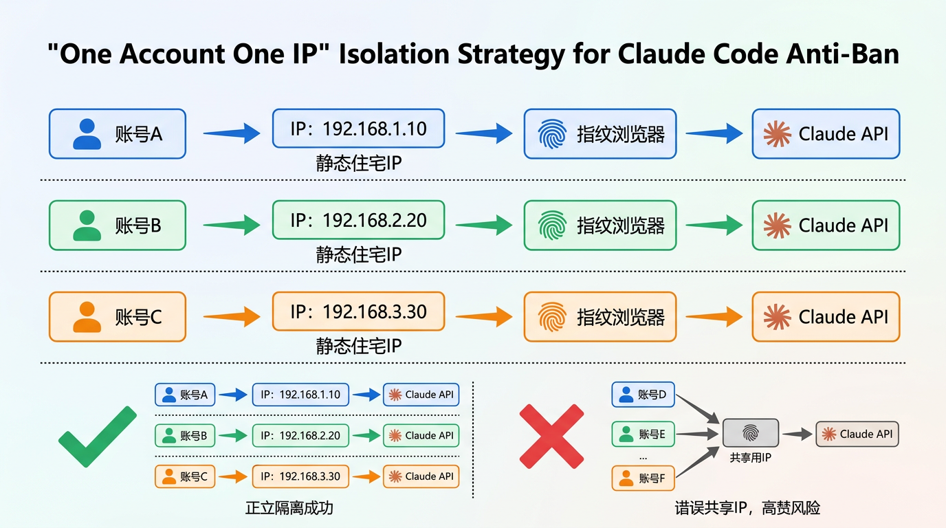 Claude Code 开发者必看:如何用静态住宅IP规避API封号(2026实操指南) 2 Claude Code 一账号一IP隔离策略示意图