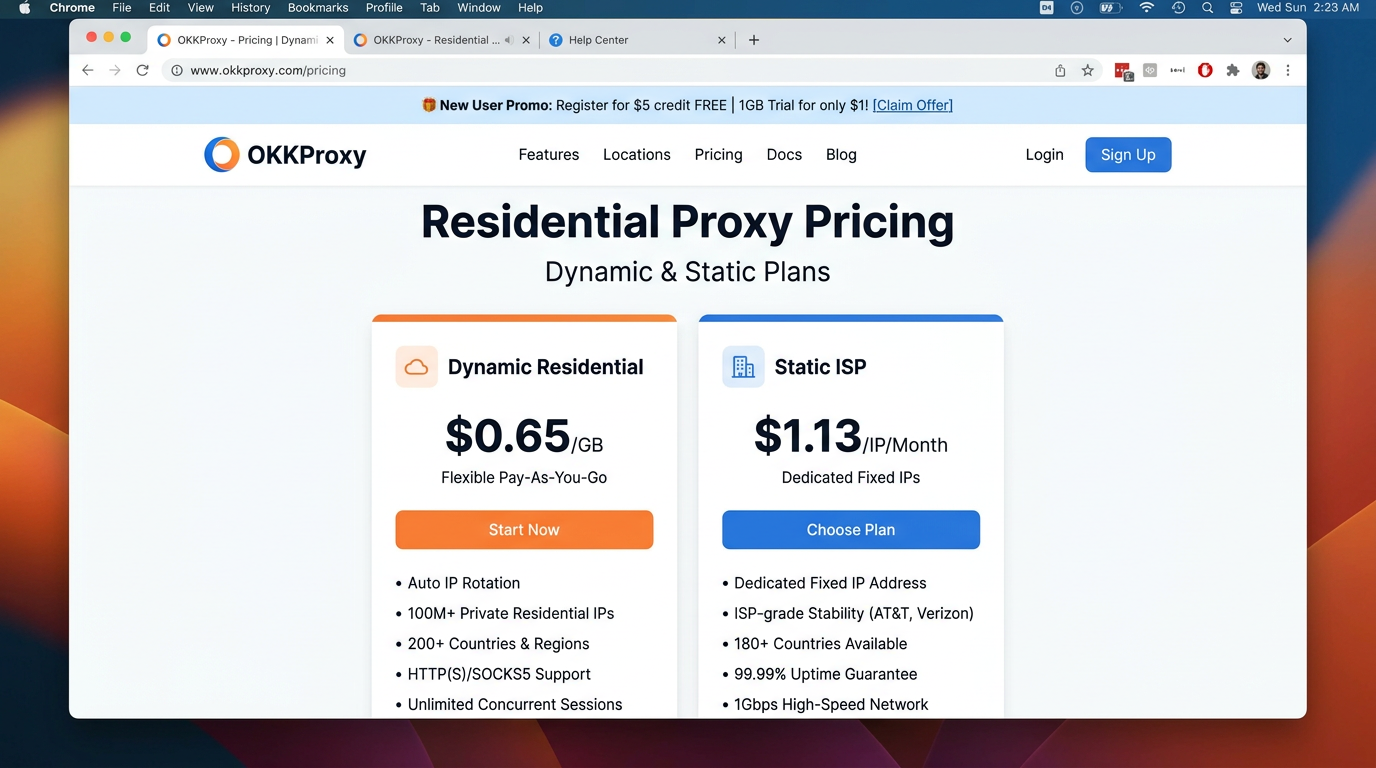 动态 vs 静态住宅IP深度解析:2026年主流代理选购完全指南(OKKProxy/NiuProxy/ColaProxy横评) 1 OKKProxy动态与静态住宅IP价格方案