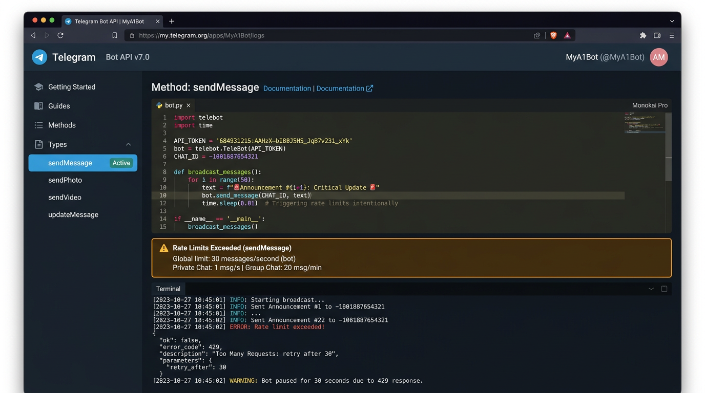 Telegram Bot API速率限制错误示例
