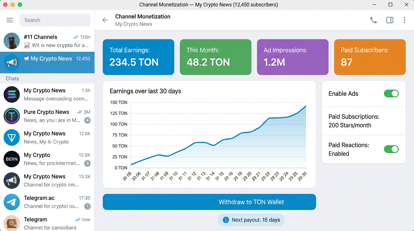 Telegram 频道货币化 dashboard 示意