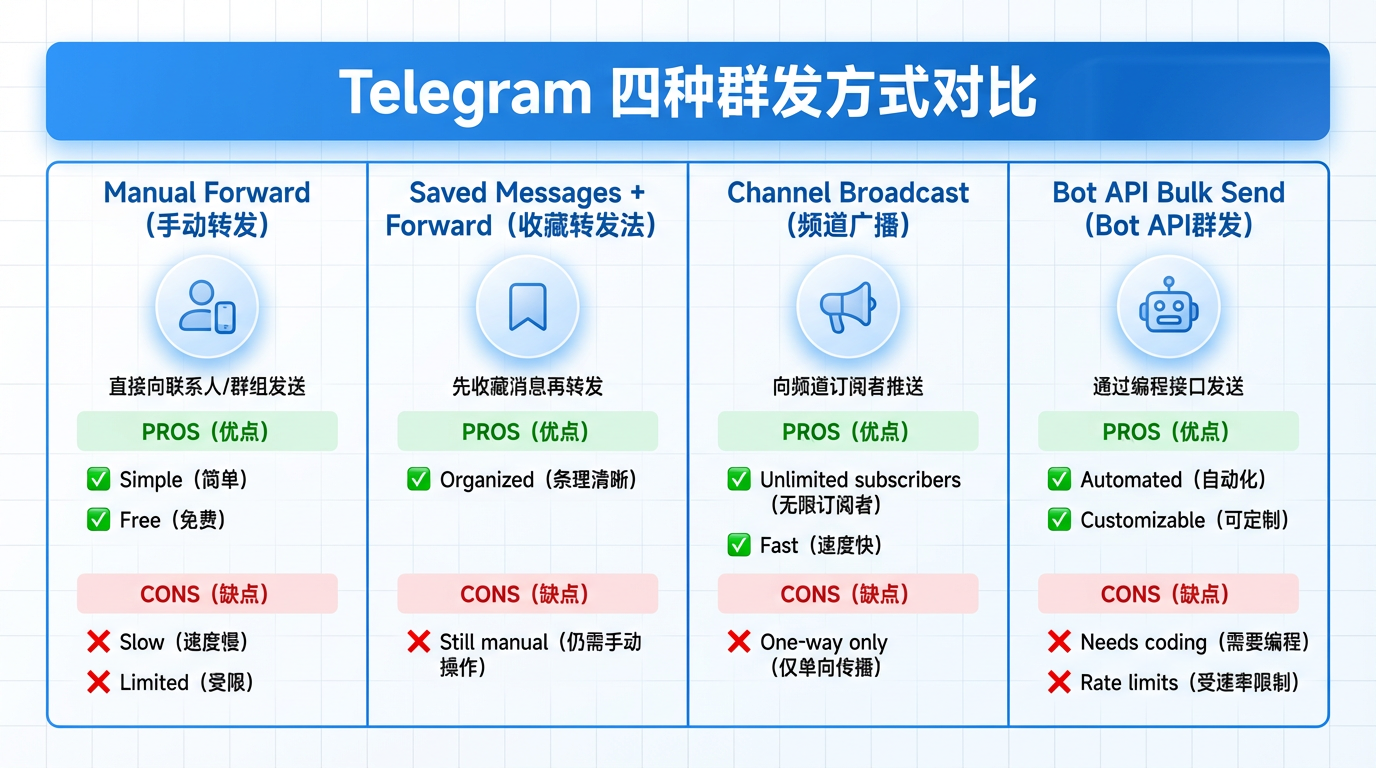 Telegram 群发消息完整教程:5种方式从手动到自动化全解析(2026实操版) 1 Telegram 四种群发方式对比:手动转发、收藏转发法、频道广播、Bot API 群发