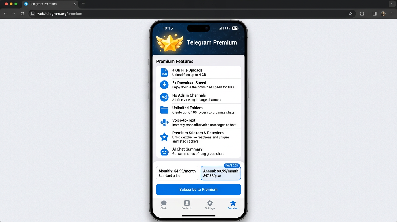 Telegram Premium会员值得开吗?2026年全部功能详解与免费版完整对比 1 Telegram Premium功能与订阅价格页面