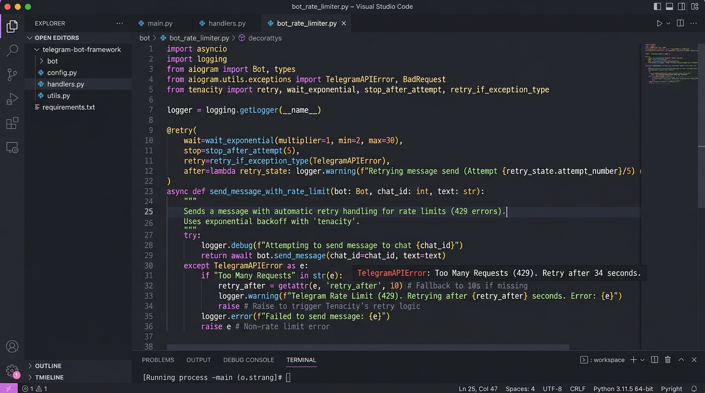 Telegram Bot速率限制处理代码示例