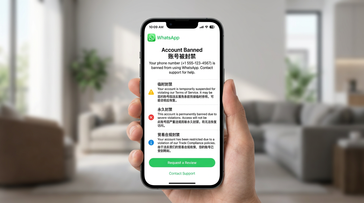 WhatsApp 账号被封怎么办?2026年申诉解封完整教程(附中英文模板+养号策略) 1 WhatsApp 账号被封禁通知页面:临时封禁、永久封禁、贸易合规封禁三种类型说明