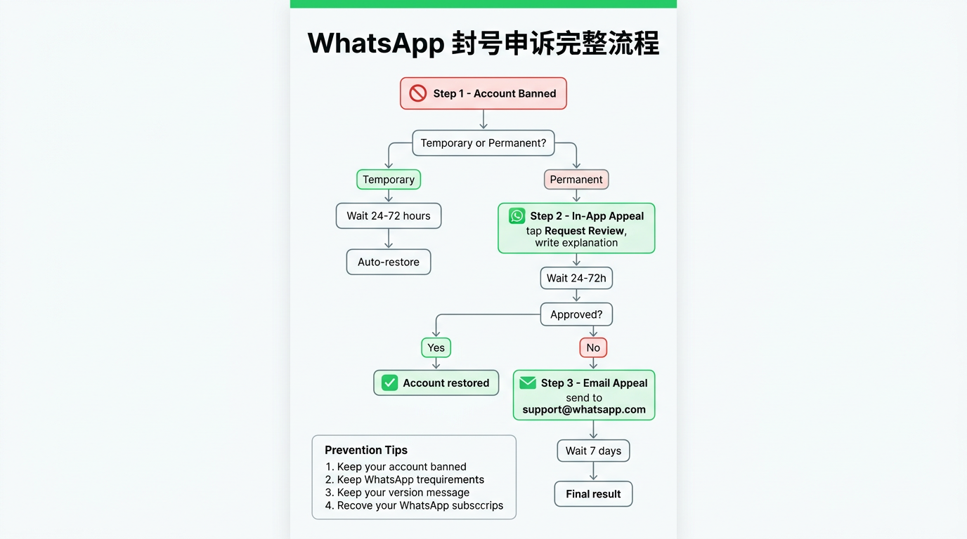 WhatsApp 账号被封怎么办?2026年申诉解封完整教程(附中英文模板+养号策略) 2 WhatsApp 封号申诉完整流程:判断封号类型 → 应用内申诉 → 等待结果 → 邮件申诉
