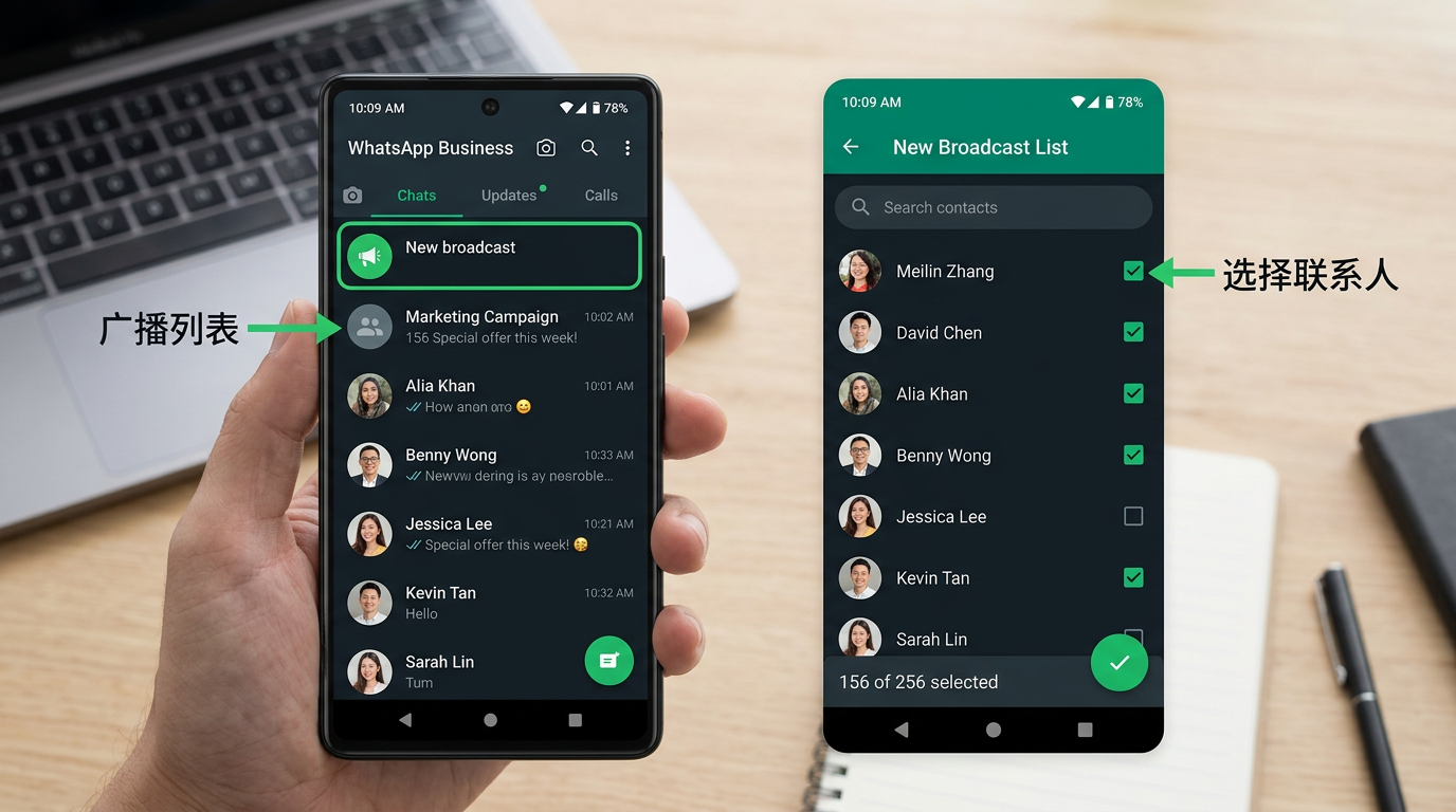 WhatsApp 群发消息完整教程:4种方式从广播列表到API群发全解析(2026实操版) 2 WhatsApp Business 广播列表功能:创建新广播 → 选择联系人 → 发送消息