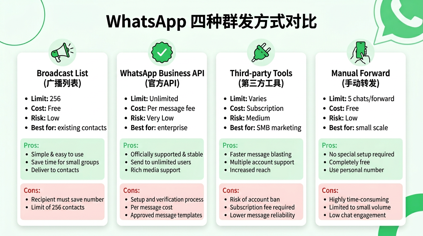 WhatsApp 群发消息完整教程:4种方式从广播列表到API群发全解析(2026实操版) 1 WhatsApp 四种群发方式对比:广播列表、官方Business API、第三方工具、手动转发