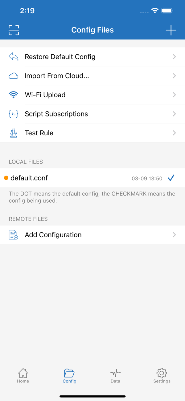 Shadowrocket 配置 Config Files 英文版：Restore Default Config、Import From Cloud、Wi-Fi Upload、Script Subscriptions、Test Rule、default.conf with checkmark、Add Configuration