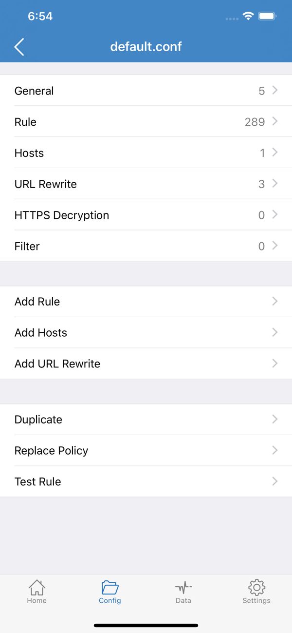 Shadowrocket default.conf detail page English version: General, Rule 289, Hosts, URL Rewrite, HTTPS Decryption, Filter, Add Rule, Add Hosts, Add URL Rewrite, Duplicate, Replace Policy, Test Rule