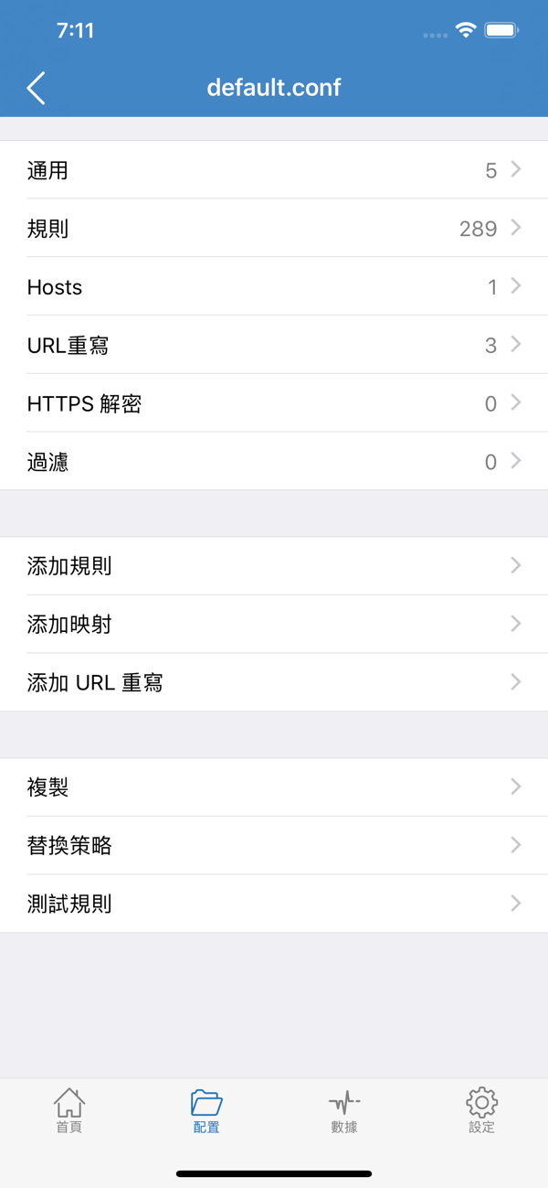 Shadowrocket default.conf 詳情頁中文版：通用 5、規則 289、Hosts 1、URL重寫 3、HTTPS 解密 0、過濾 0、添加規則、添加映射、添加 URL 重寫、複製、替換策略、測試規則