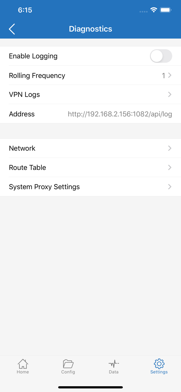 Shadowrocket Diagnostics 诊断页面：Enable Logging, Rolling Frequency, VPN Logs, Address, Network, Route Table, System Proxy Settings