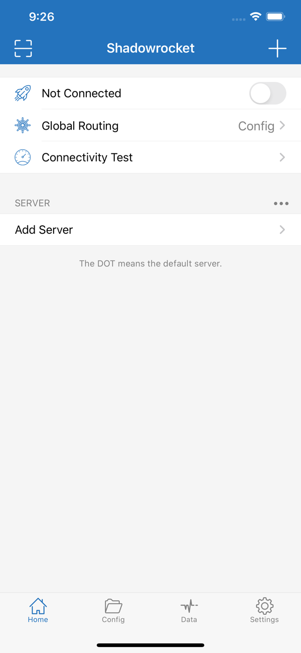 Shadowrocket 英文版主界面：Not Connected、Global Routing Config、Connectivity Test、Add Server