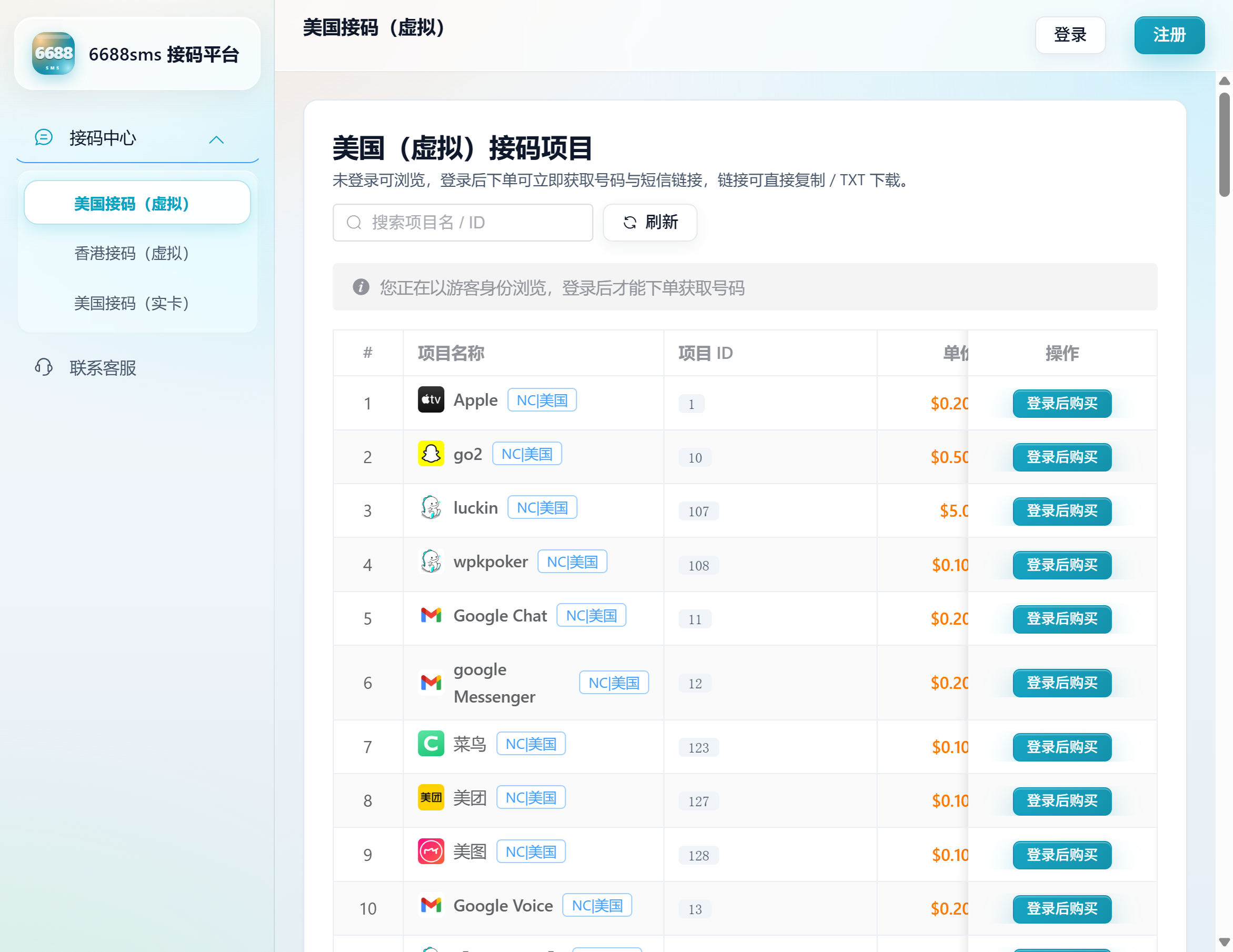 6688sms 接码平台项目列表与单价