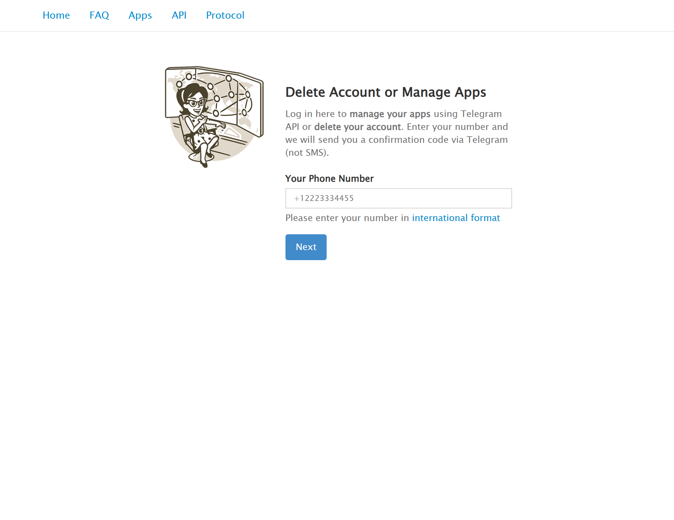 my.telegram.org 登录页 Delete Account or Manage Apps
