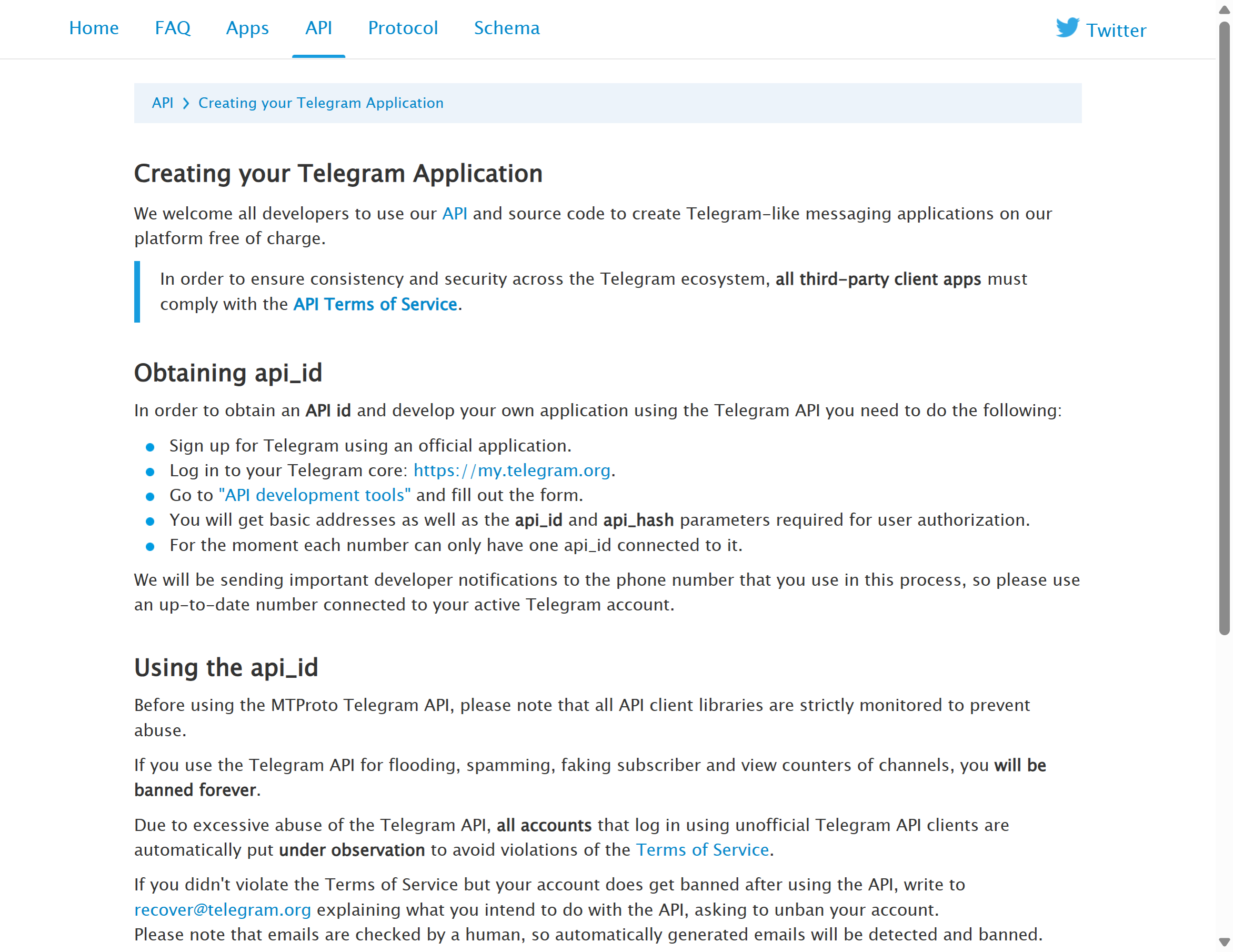 Telegram 官方文档 Creating your Telegram Application